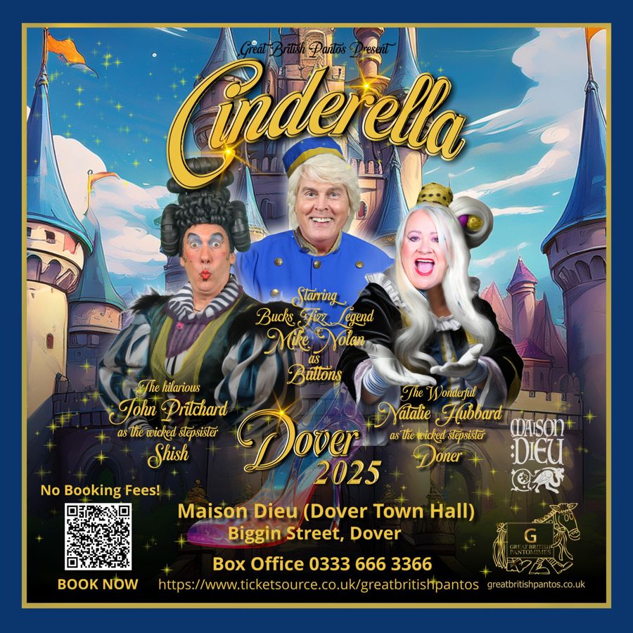 A colourful poster with three characters and a cartoon castle with panto details.