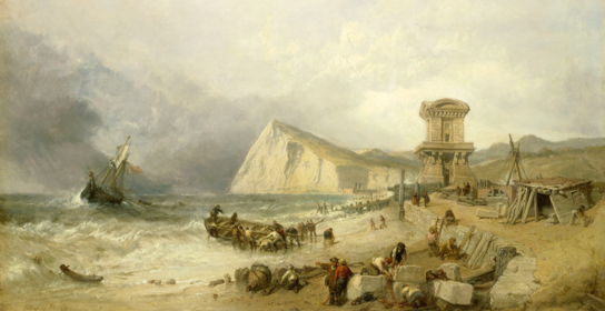 A painting of the coast portraying the construction of the Admiralty Pier in 1849