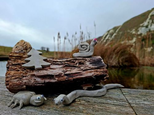 Clay creatures on wood