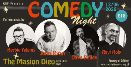 Portrait photos of the four comedians featured in comedy night