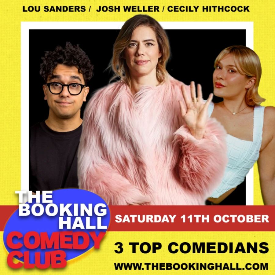 3 people, 1 male & 2 female on a poster for the Booking Hall Comedy Club.