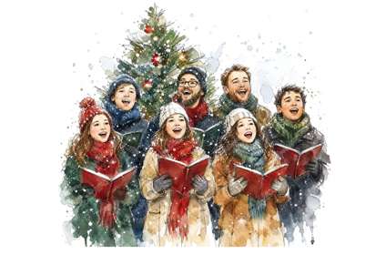 Drawing of a group of carol singers in front of a Christmas Tree