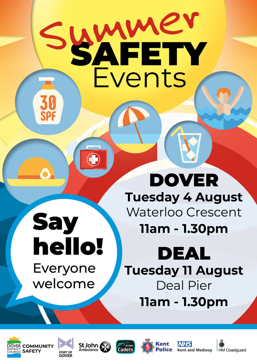 Colourful poster with a bottle of sunscreen, parasol, first aid box, hat and child in the sea