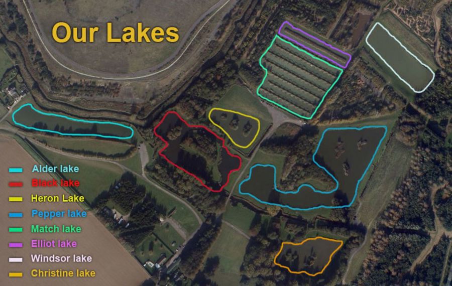 An aerial view of the complex with the 8 fishing lakes highlighted in different colours.