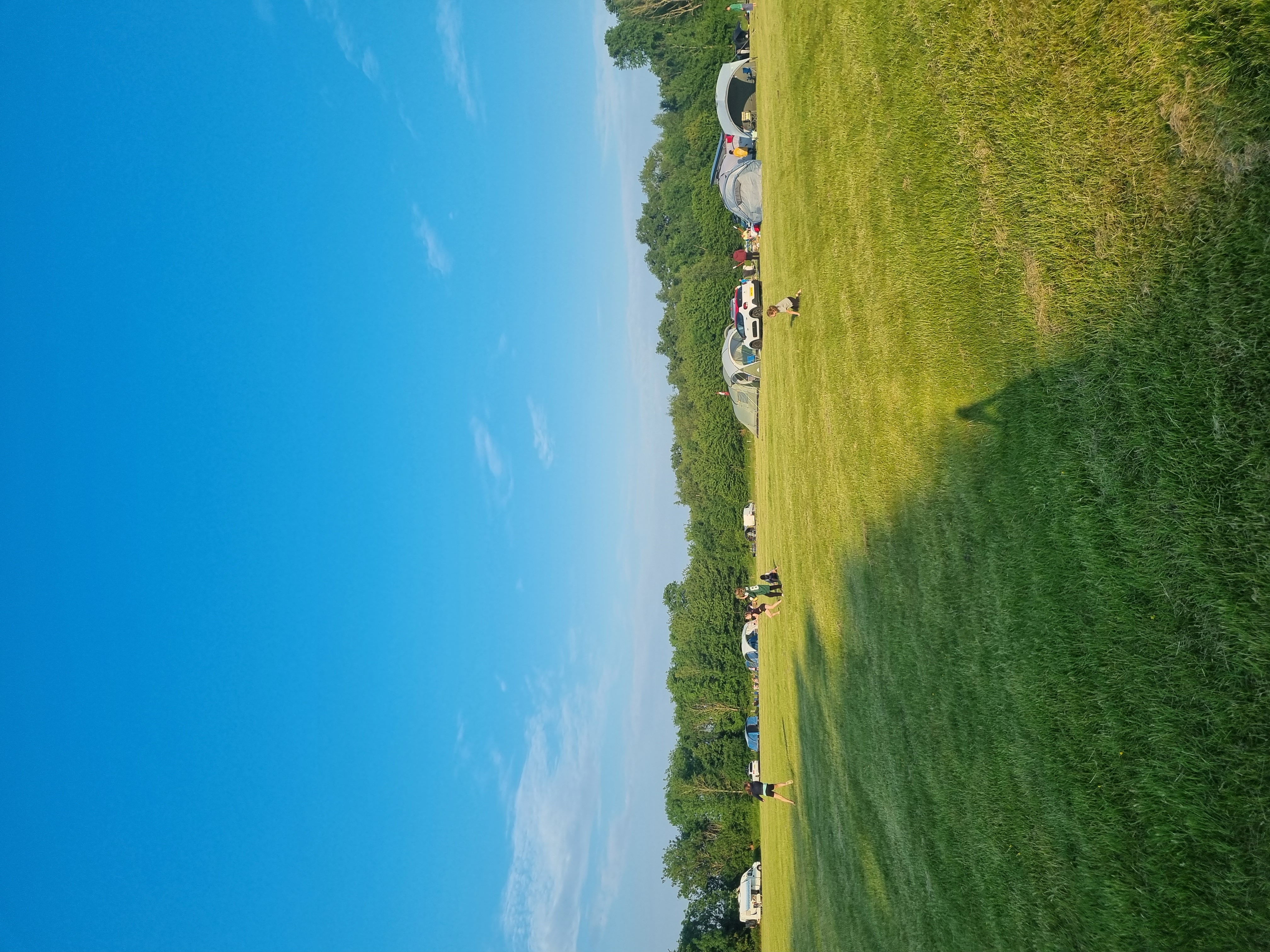 Field at campsite surrounded by trees with tents, camper vans and children playing