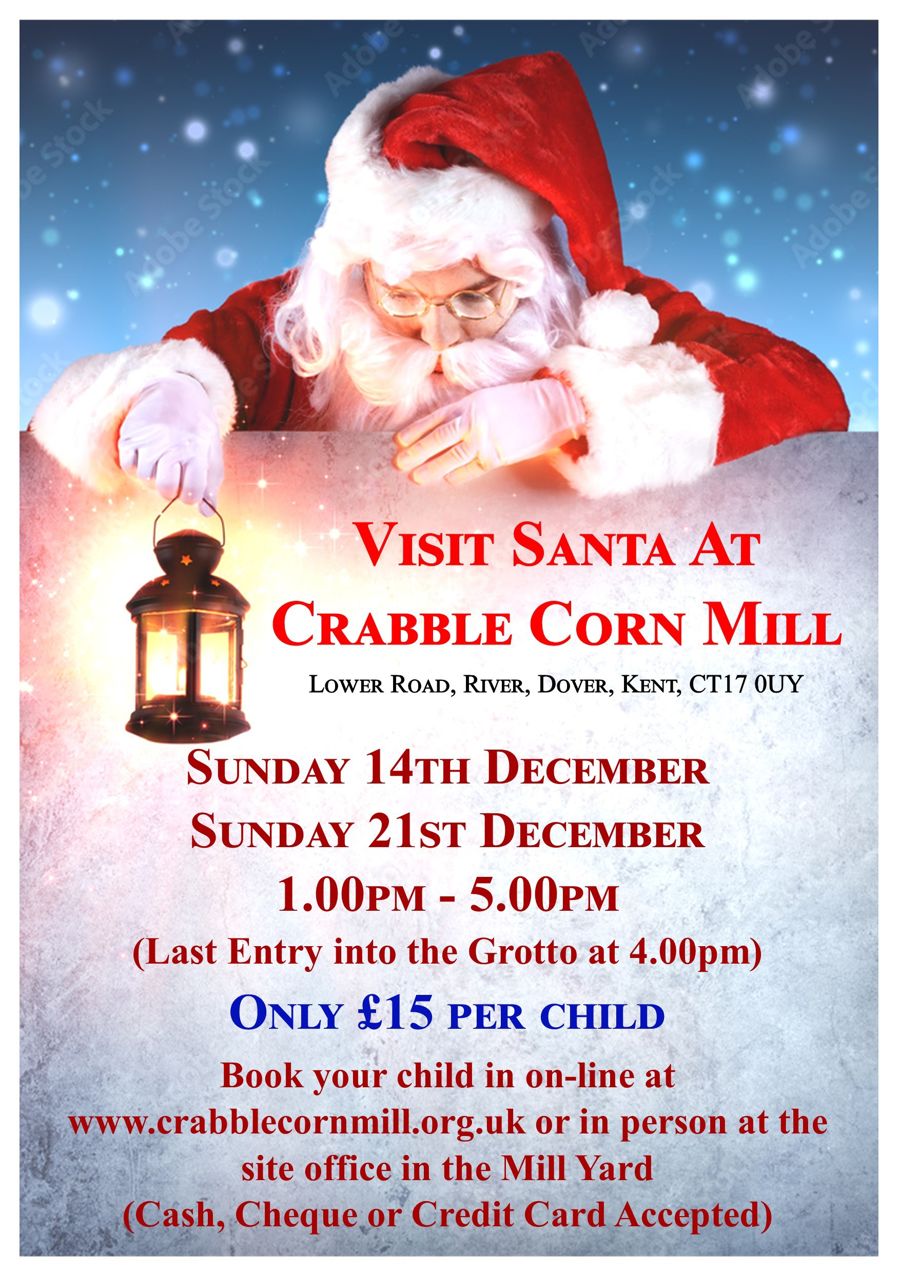 Santa holding a lantern looking at a poster for Crabble Corn Mill for visiting Santa on the 14th 7 21st Dec 2025