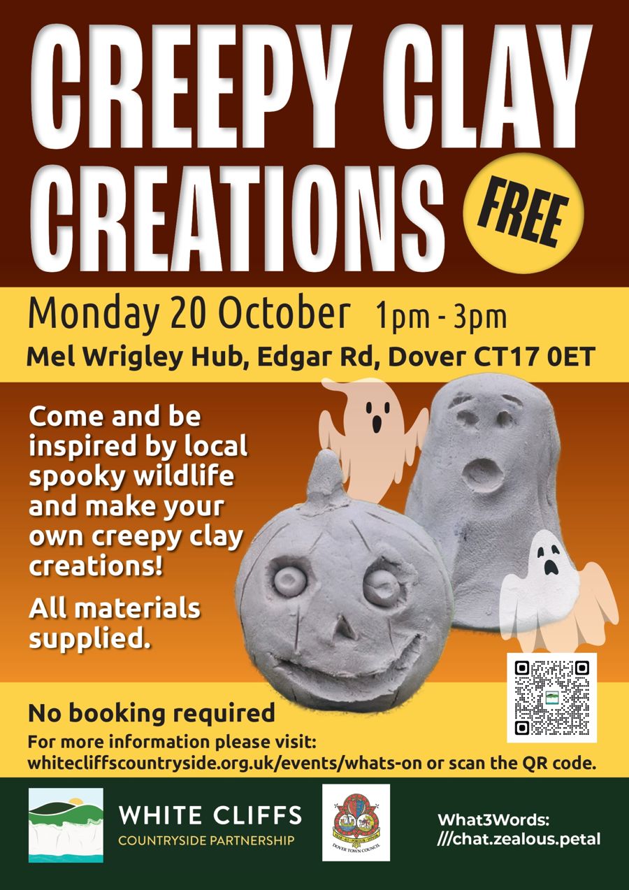 Clay ghost & pumpkin on a poster for Creepy Clay Creations