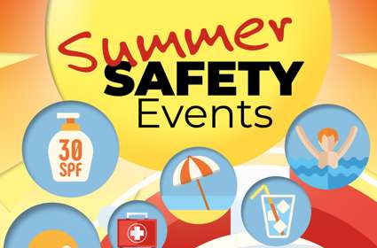 Colourful poster with a bottle of sunscreen, parasol, first aid box, hat and child in the sea
