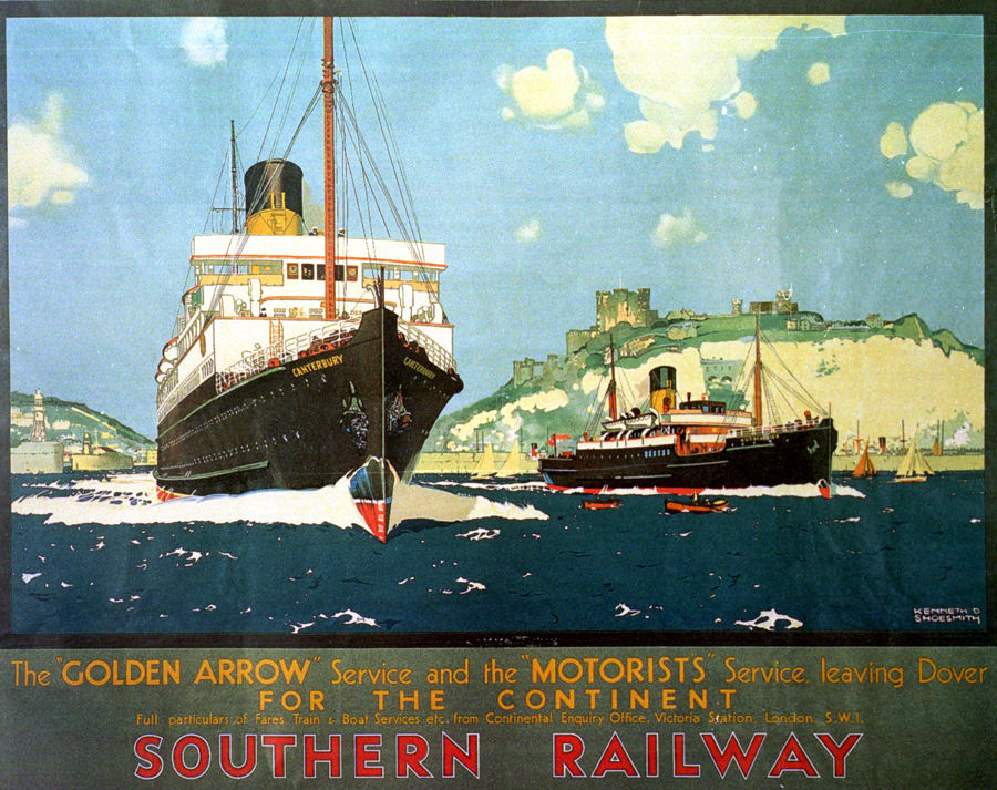 A vintage colour poster for the Golden Arrow service - ferries across the Channel. 