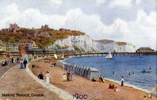 A colour illustration of Dover seafront in the 1900s with beach huts on the beach and the cliffs and castle in the background
