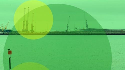 Dover harbour overlaid with a green and yellow filter