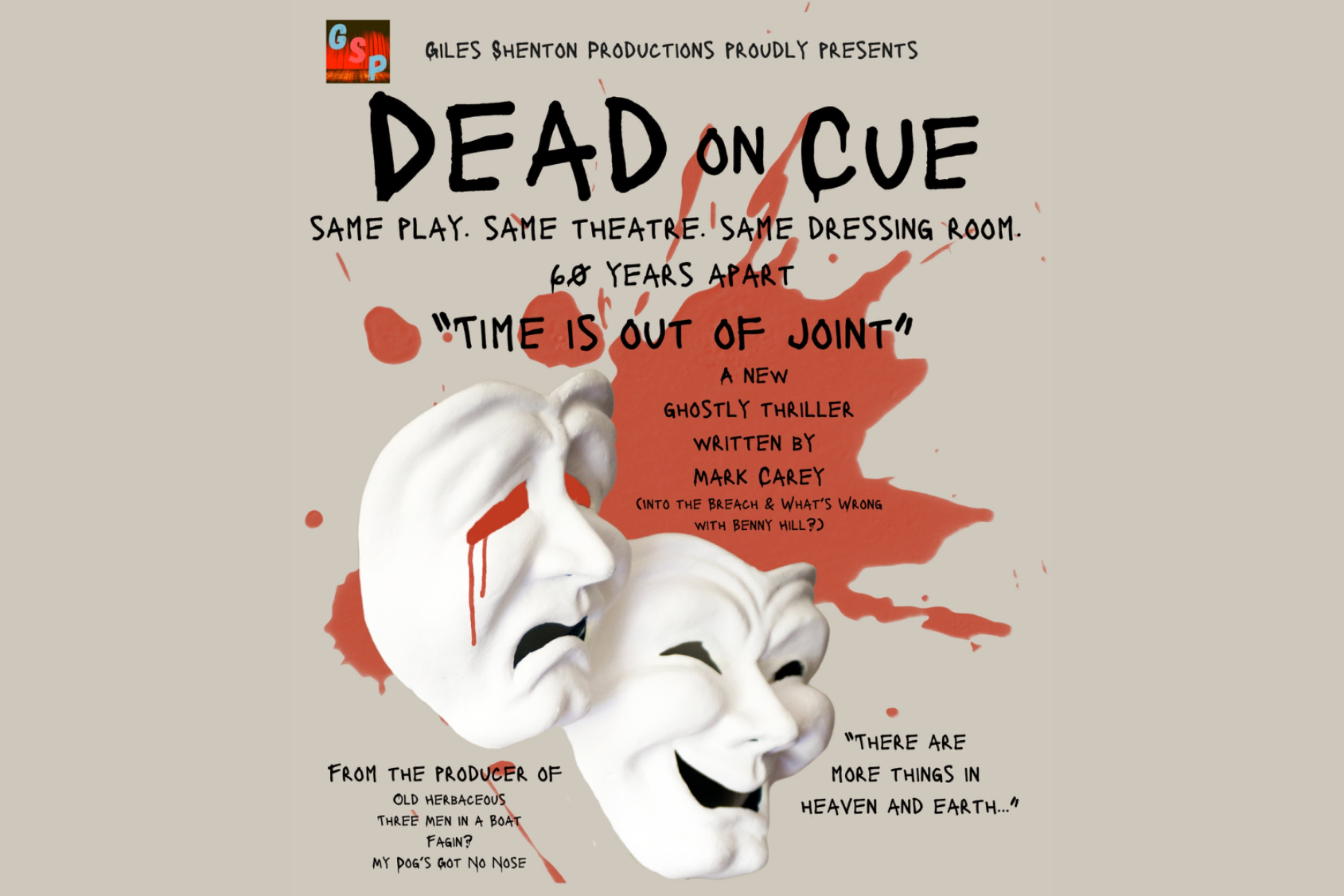 Happy and sad white theatre masks with a background of blood