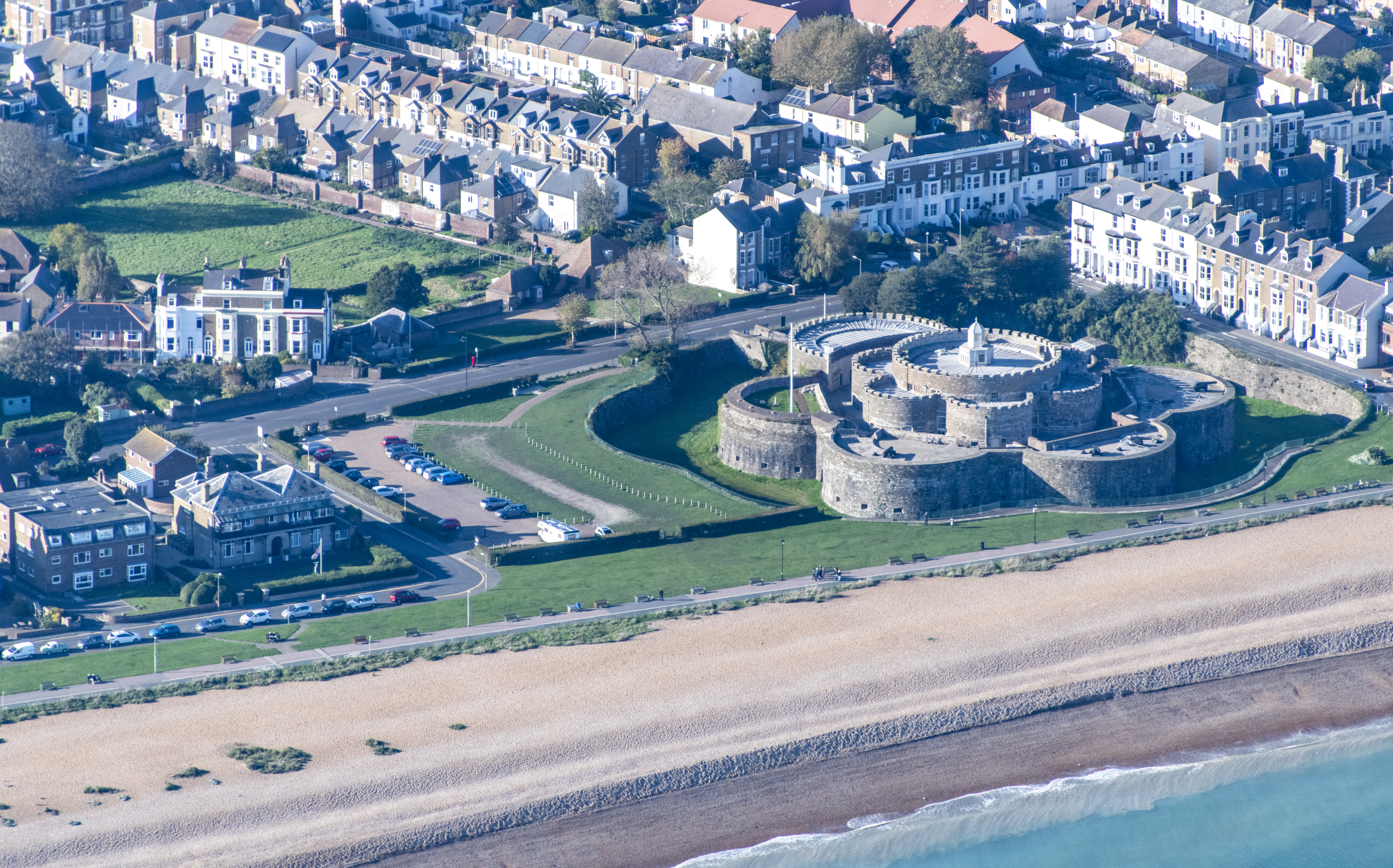 Aerial view of Deal Castle showing its position next to the beach in relation to the town.