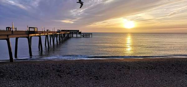 Deal Pier and seafront at first light with a seagull flying overhead
