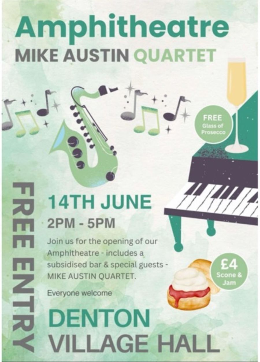 Poster showing musical instruments, glass of wine for Amphitheatre opening and live music
