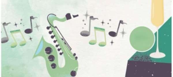 Musical notes, saxophone and champagne glass on top of a piano - Denton Village Hall live music events