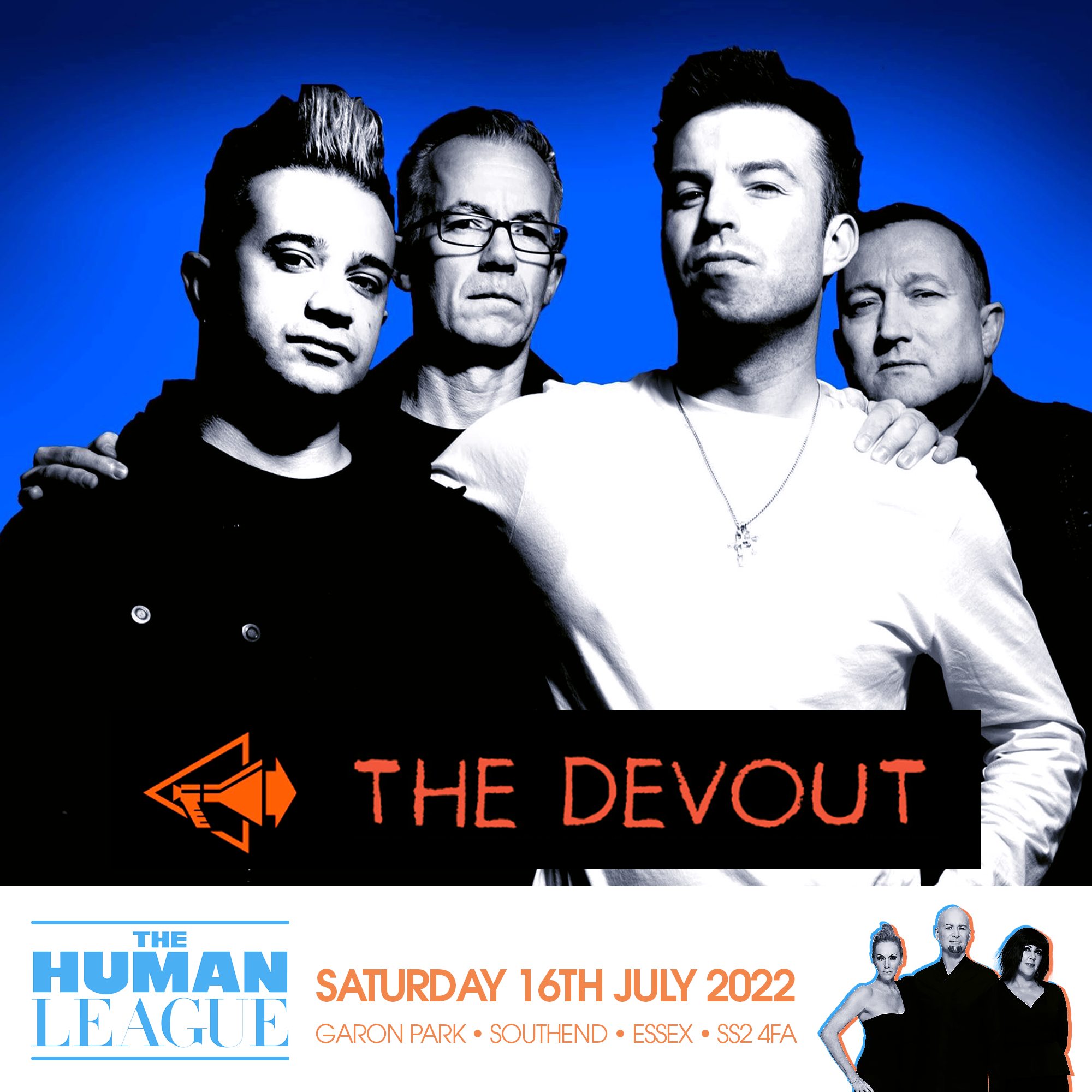  4 male members of the band The Devout, black & White with a bright blue background