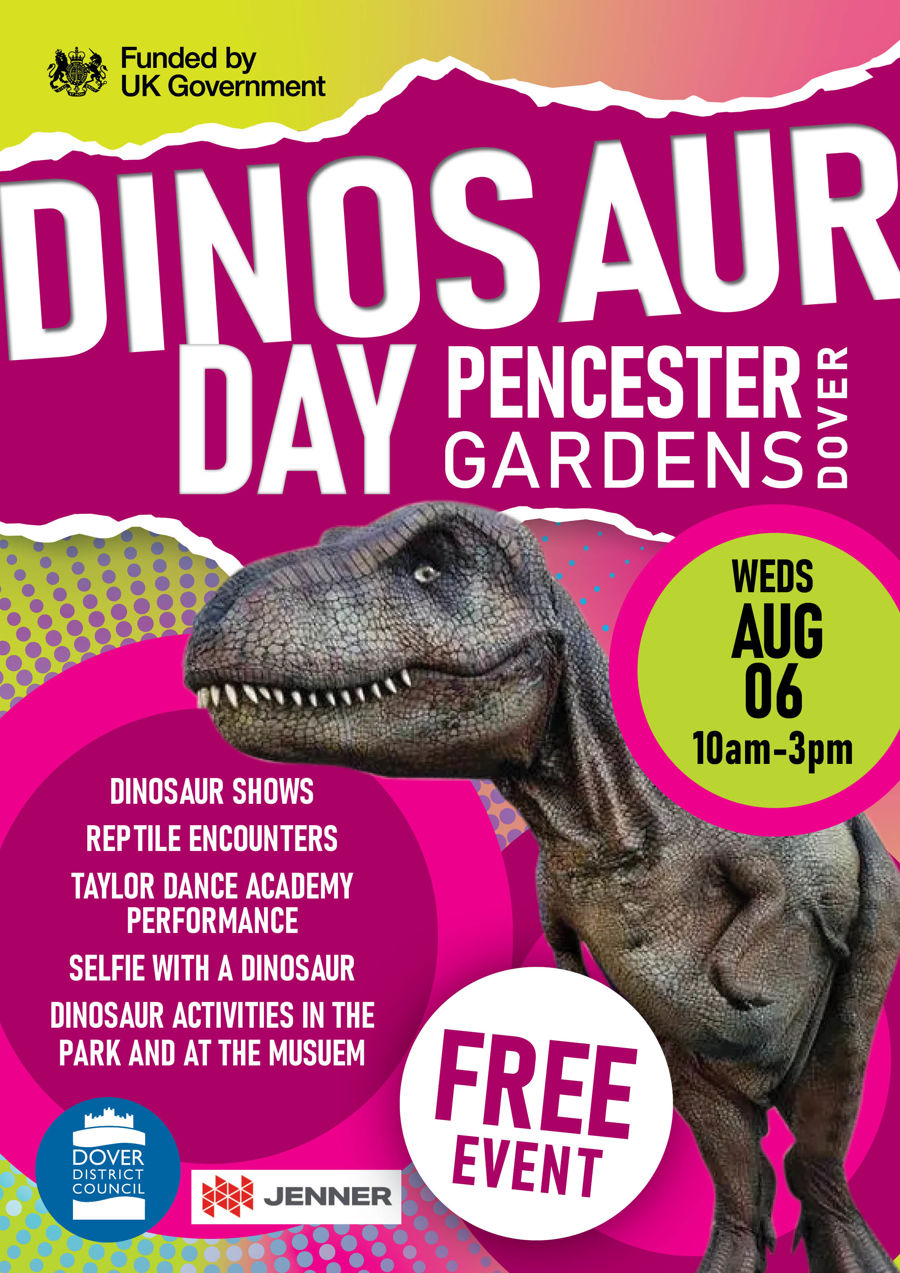 Colourful poster featuring a T-rex and event details