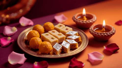A gold plate holding sweet treats surrounded by rose petals and candles