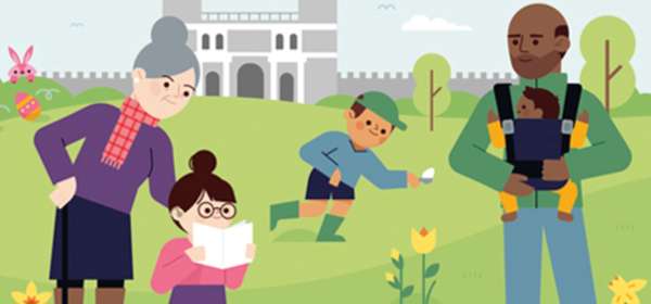 Cartoon image of a family Easter egg hunting in the grounds of a castle