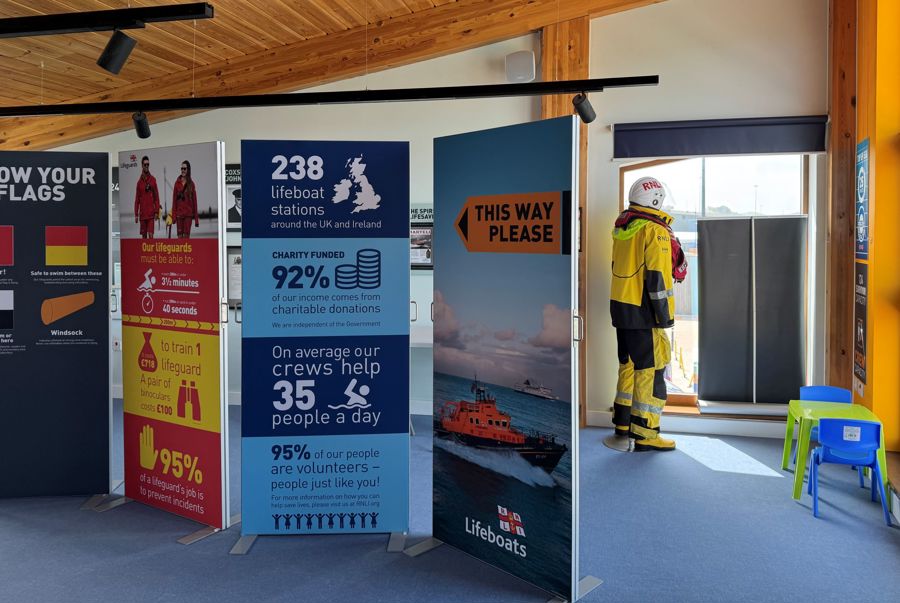Display boards and a dummy dressed as lifeboat crew.