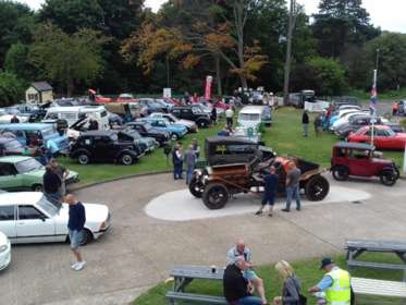 Classic cars on display in the grounds of the museum