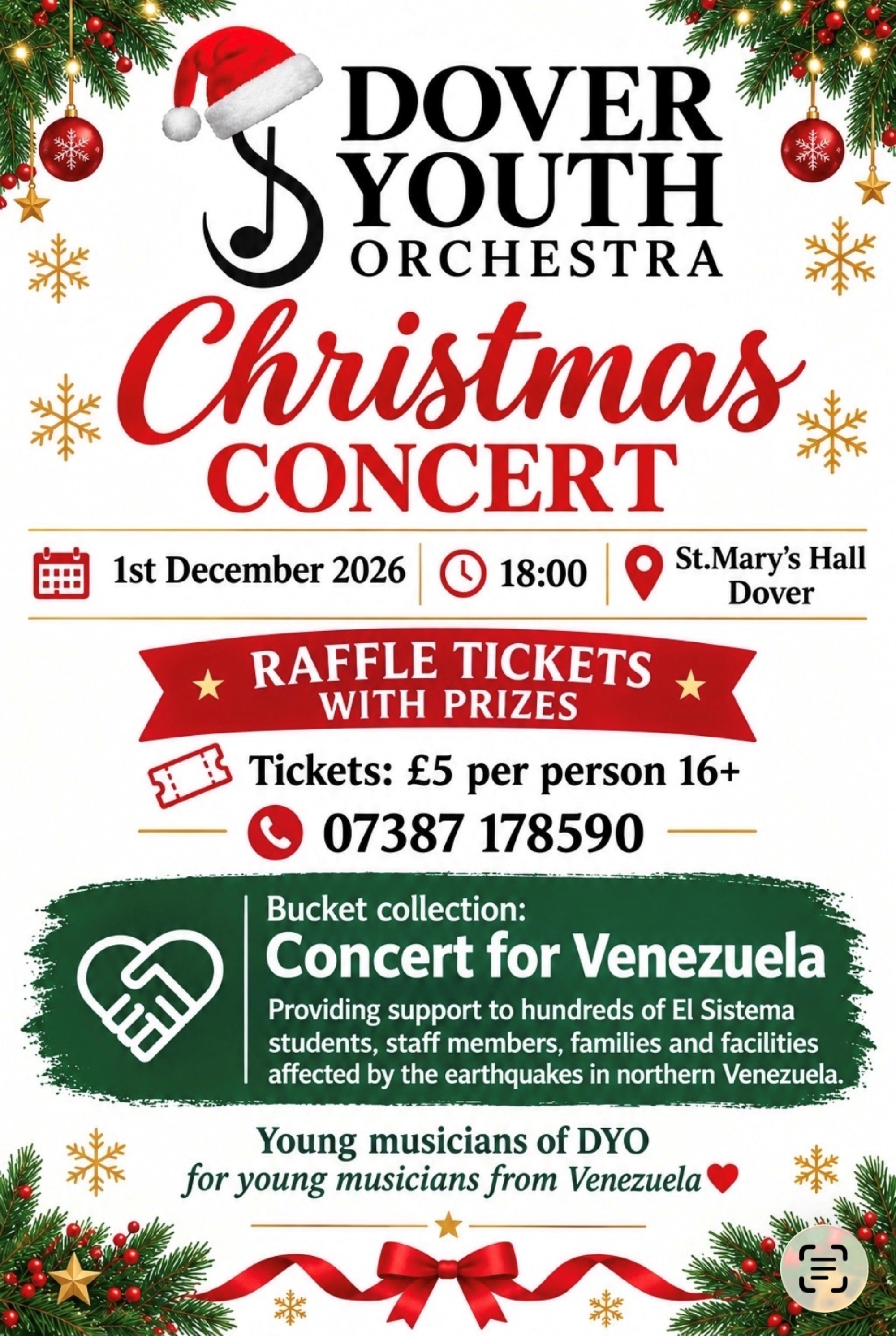 Christmas Concert poster for Dover Youth Orchestra surrounded by Christmas baubles & gold stars