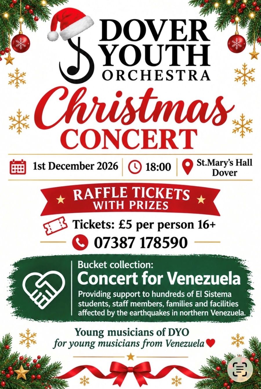 Christmas Concert poster for Dover Youth Orchestra surrounded by Christmas baubles & gold stars