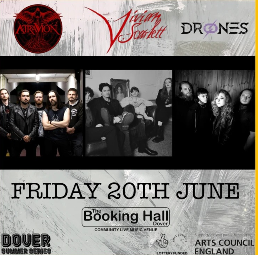 Poster for the music bands Drones, Vivian Scarlett & Atravion at The Booking Hall on 2oth June 2025
