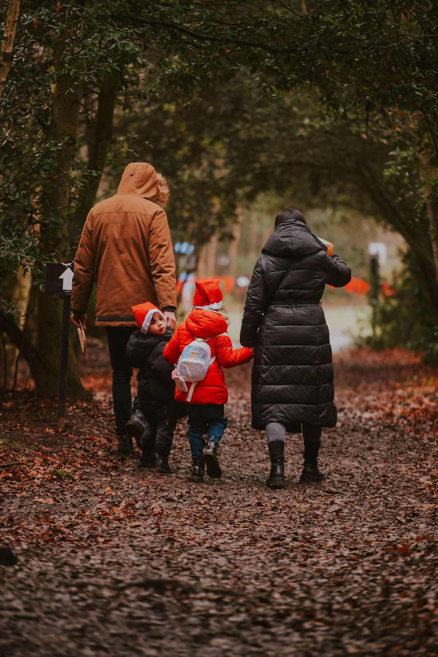Two adults and a child walking through trees away from the camera.