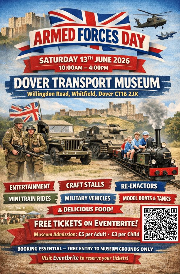 Poster with children on a steam train ride, two soldiers with army vehicles and Dover Castle in background