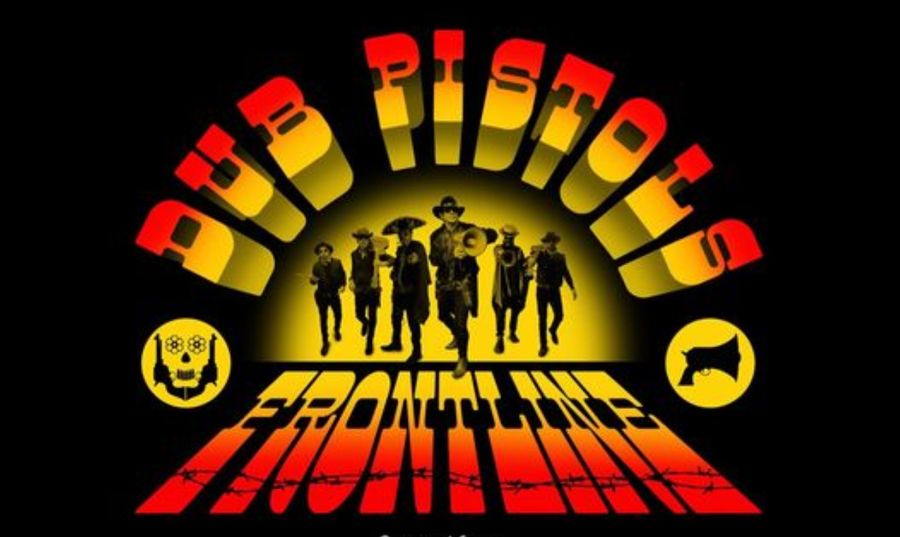 Black background with figures in sombreros & cowboy hats The Dub Pistols music band