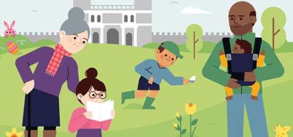 Cartoon drawing of a family hunting for Easter eggs in castle garden