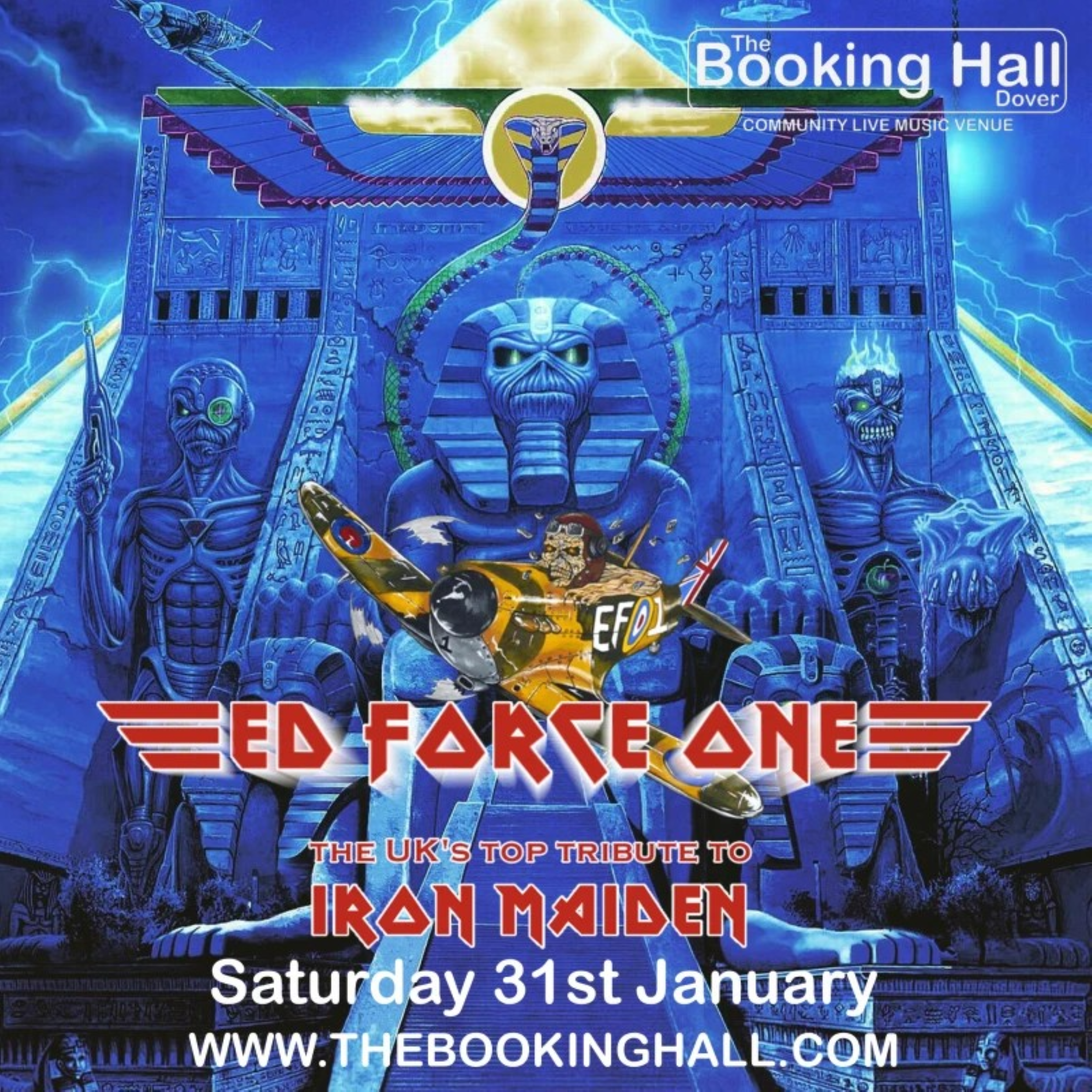 An Egyptian looking monument in blue with a small plane which looks a bit like a spitfire flying in front.