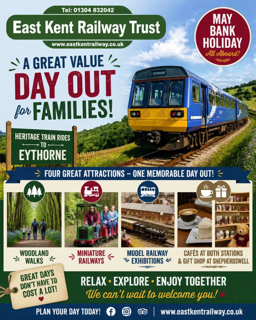 A colourful poster with a train, cafe, model railway and other pictures