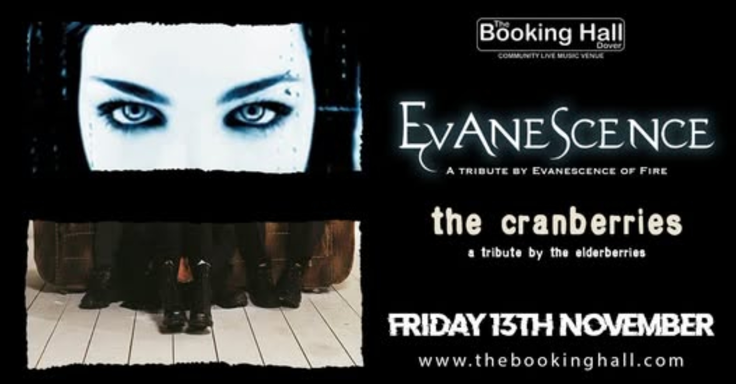 Flyer for tribute acts Evanescene & The Elderberries with the image of a woman's eyes