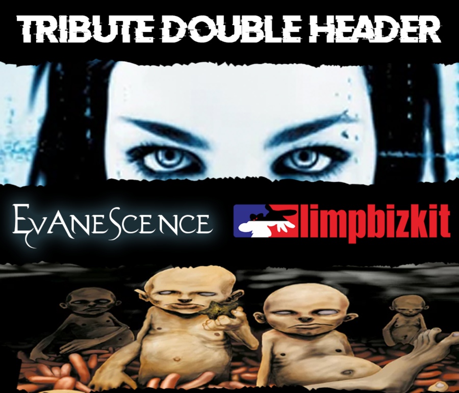 Flyer for tribute acts Evanescene & Limpbizkit with the image of a woman's eyes & alien looking figures below.