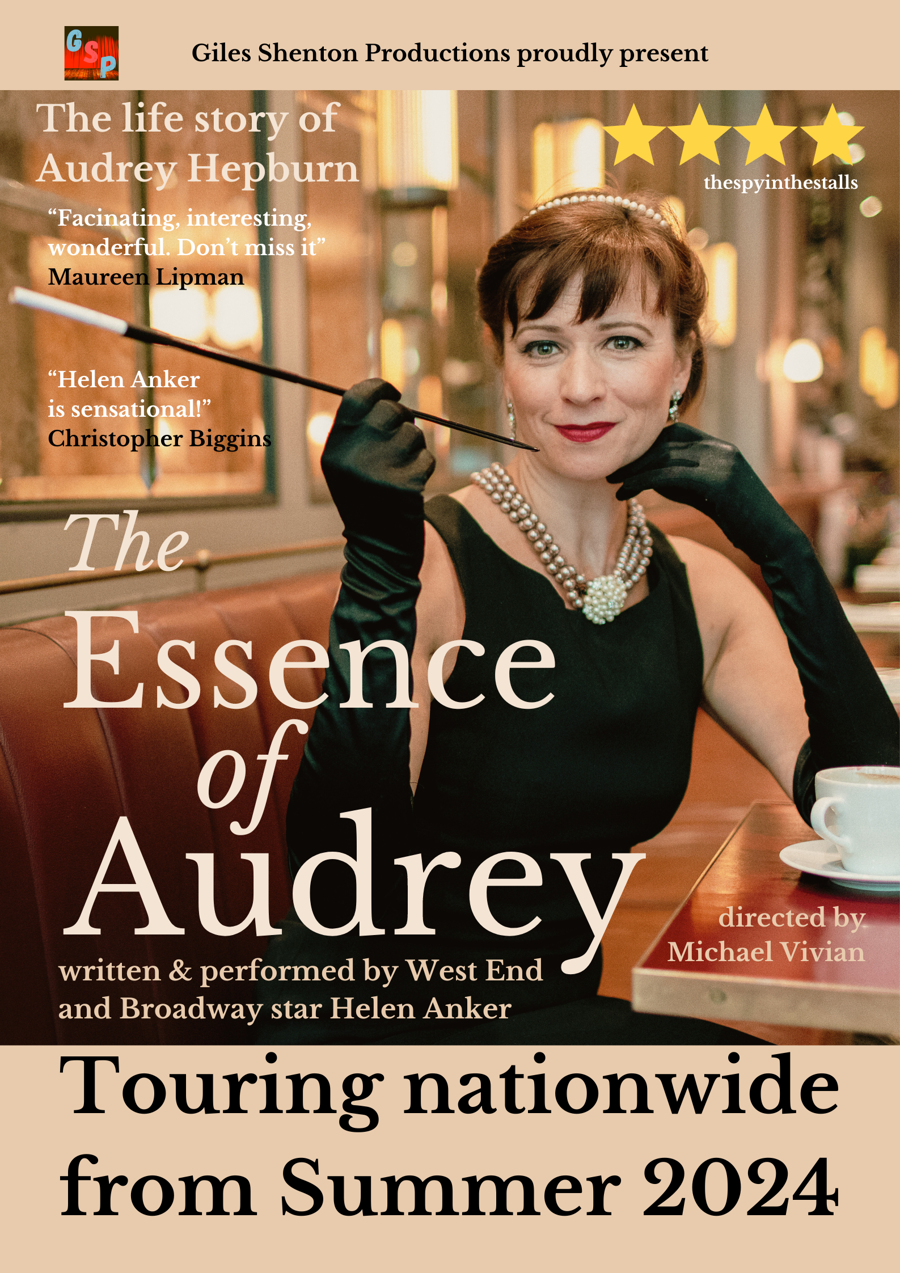 Image of advertising poster featuring Helen Anker dressed as Audrey Hepburn