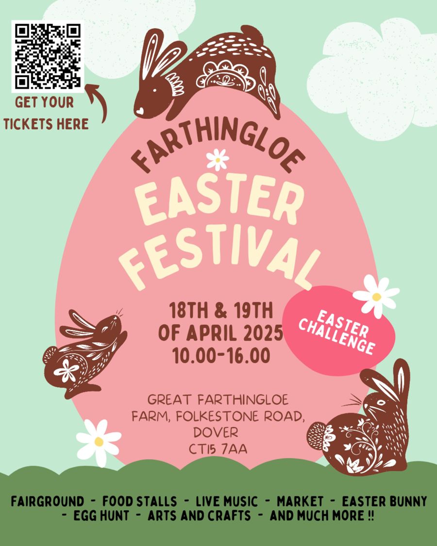Farthingloe Easter Festival poster with easter egg and bunnies