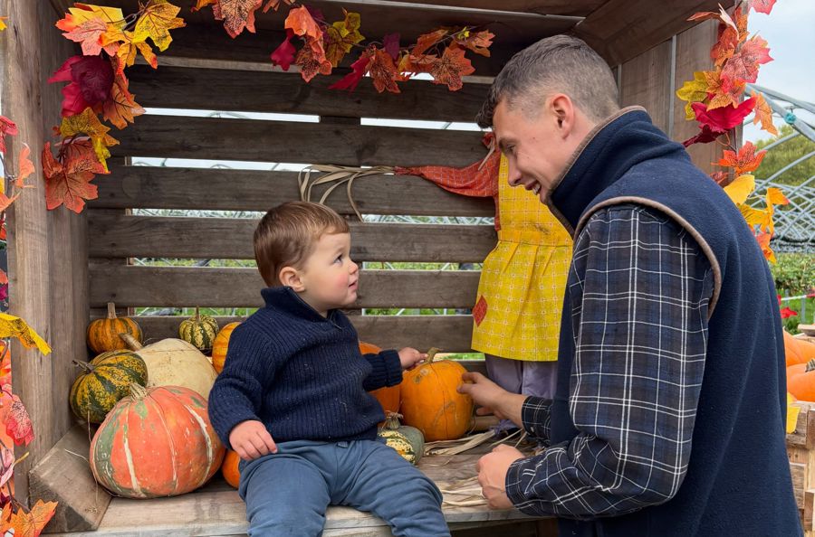 A toddler sitting in a wooden box with pumpkins and a man standing by.