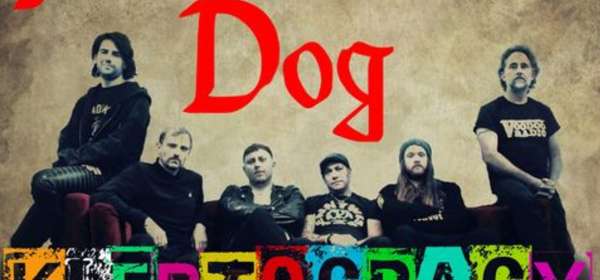 Poster for Ferocious Dog showing 6 male band members behind large coloured letters spelling out Kleptocracy