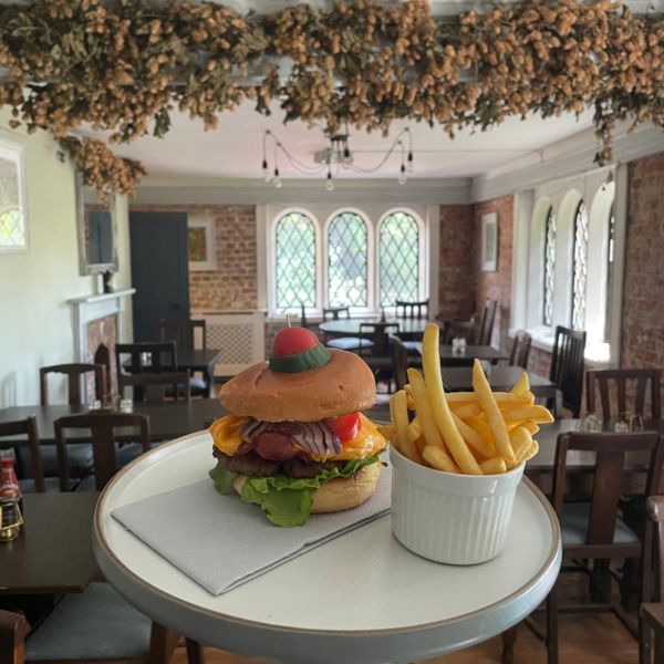 A serving of burger and chips