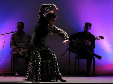 A lady flamenco dancing accompanied by a male guitarist and a male singer sitting behind her on stage