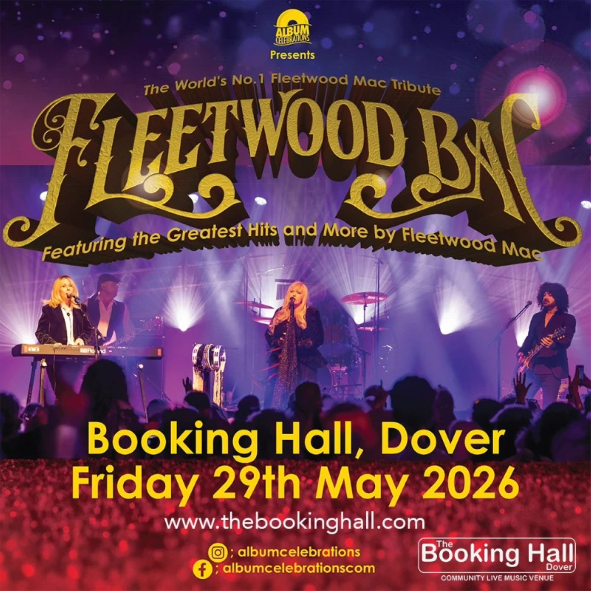 4 musicians on a stage. 2 women & 2 men playing instruments and a female vocalist. 