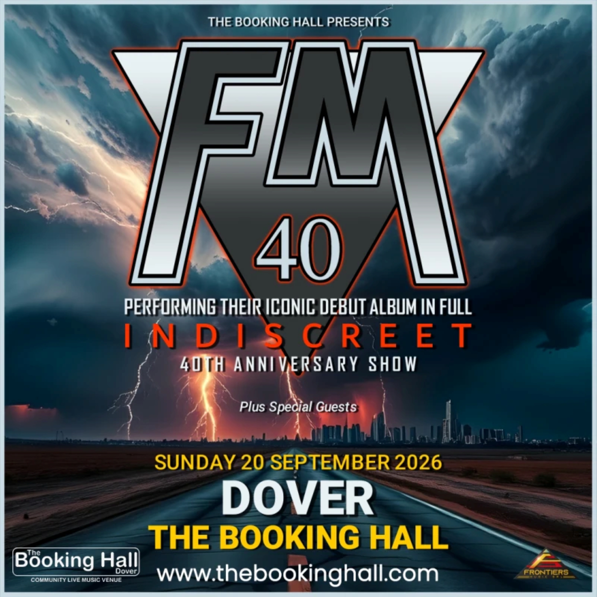 Words FM 40 in large letters with an upside down triangle in the background