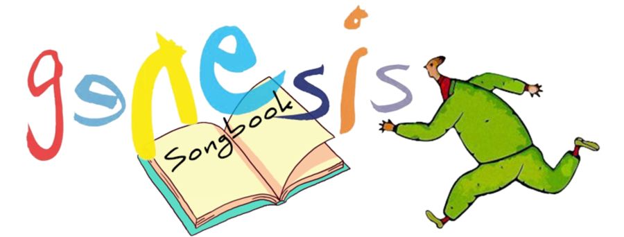 Cartoon of Genesis songbook with a man in a green suit running