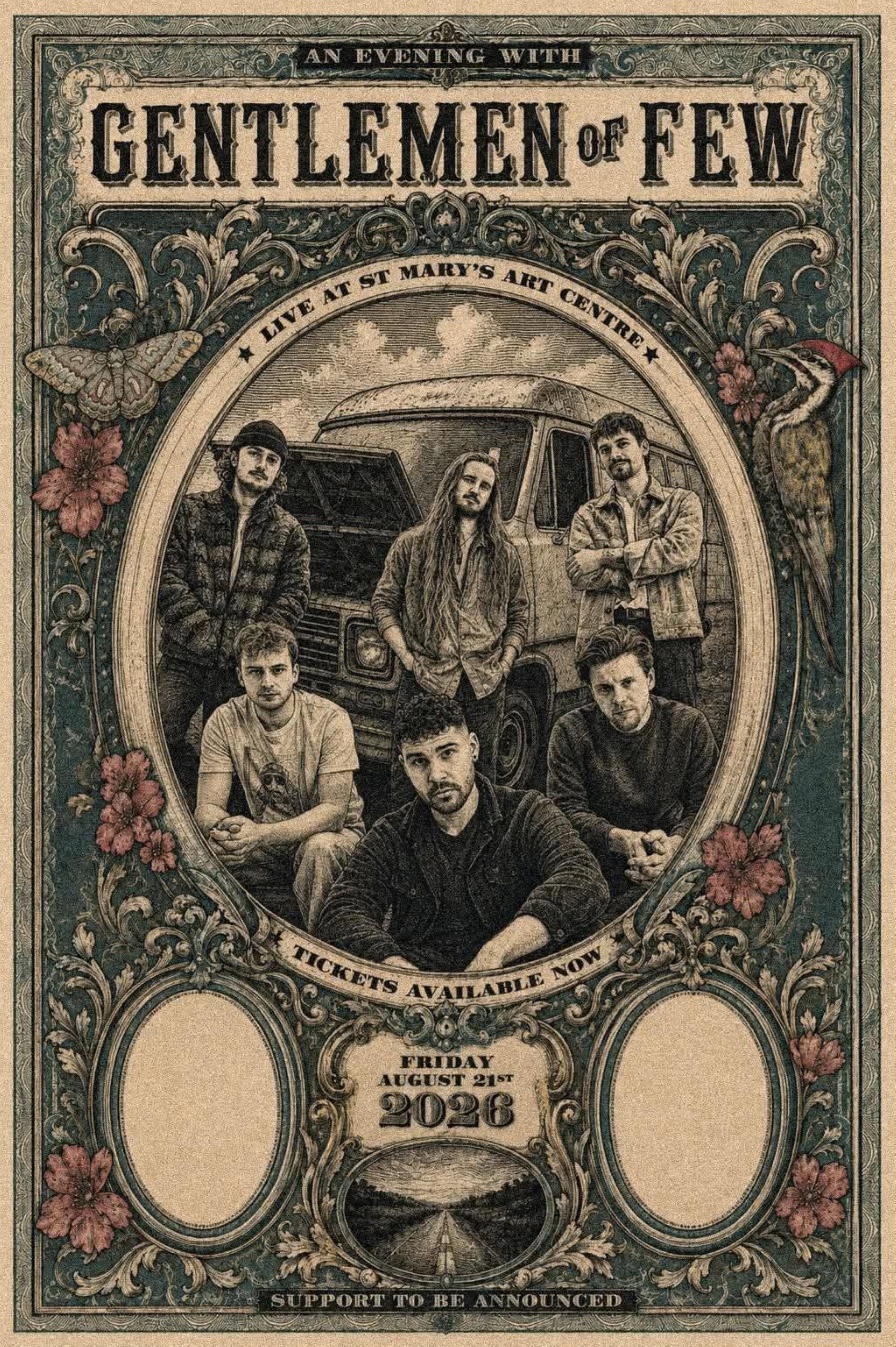 6 young men in casual clothes standing/sitting in front of a van with it's bonnet up
