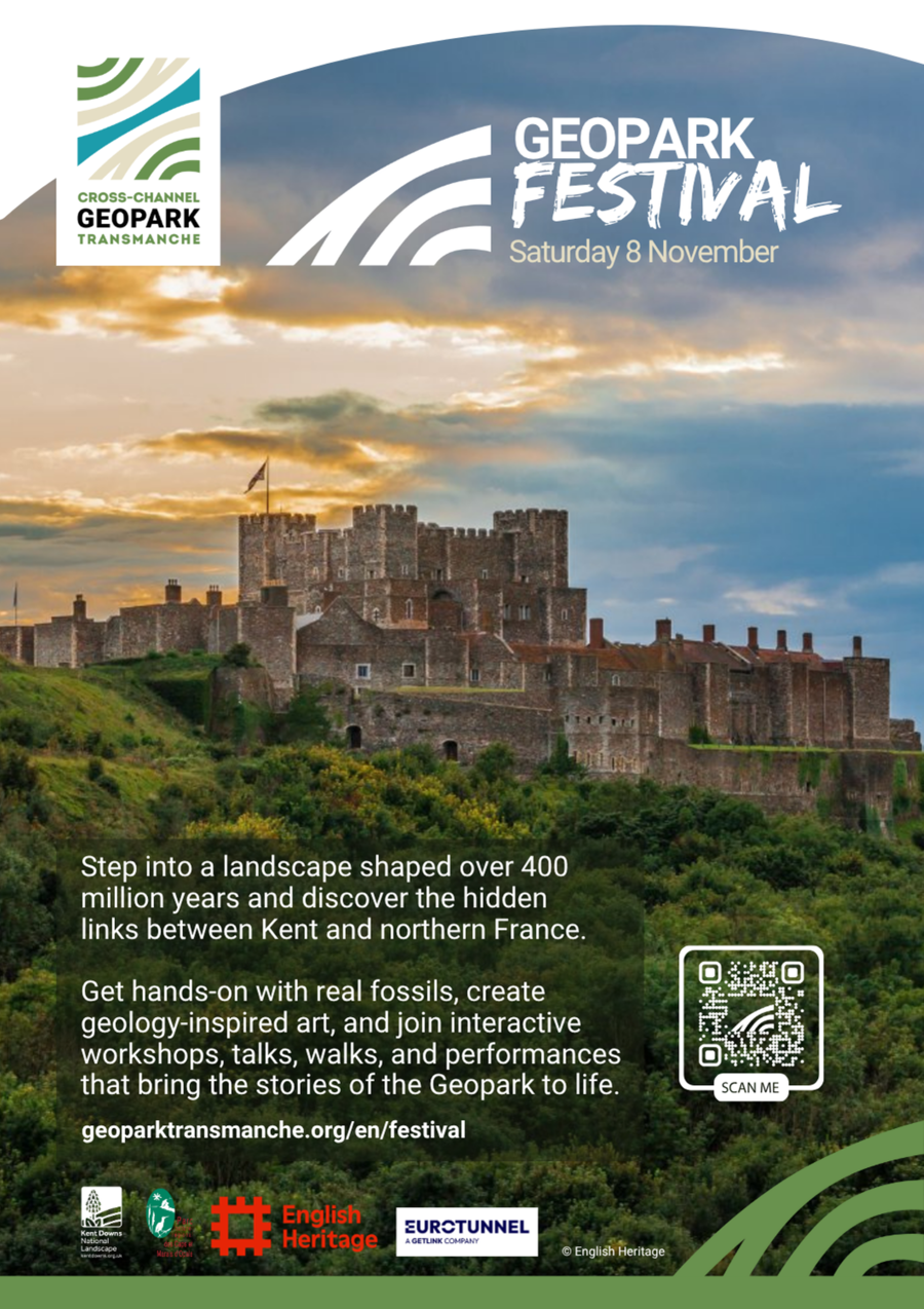 A photo of Dover Castle with the Geopark logo