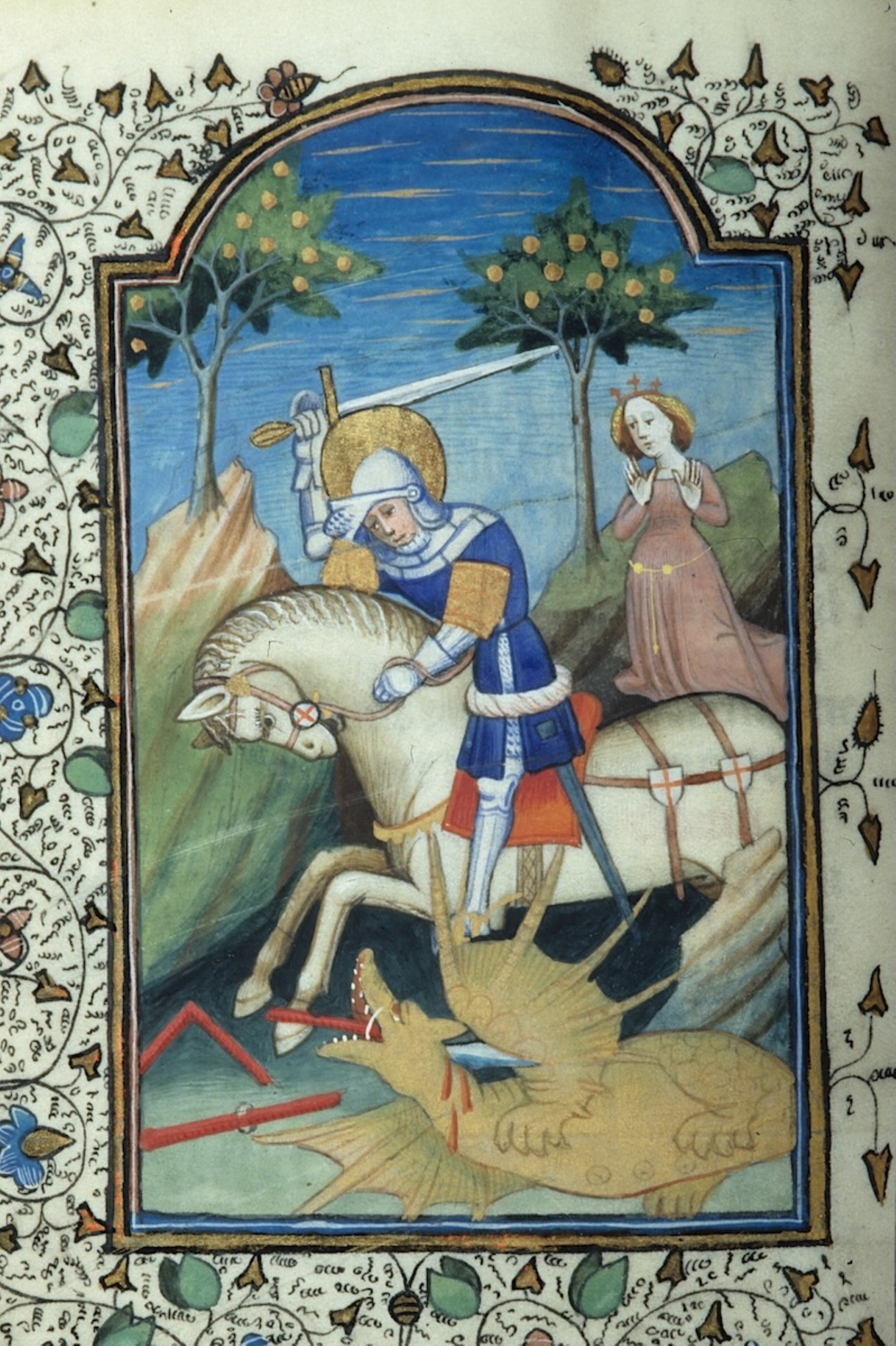 Medieval illumination featuring George slaying the dragon to save a maiden