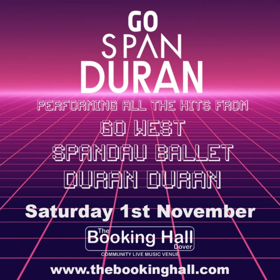 Purple background with the words Go Span Duran performing all the hits from Spandau Ballet & Duran Duran.